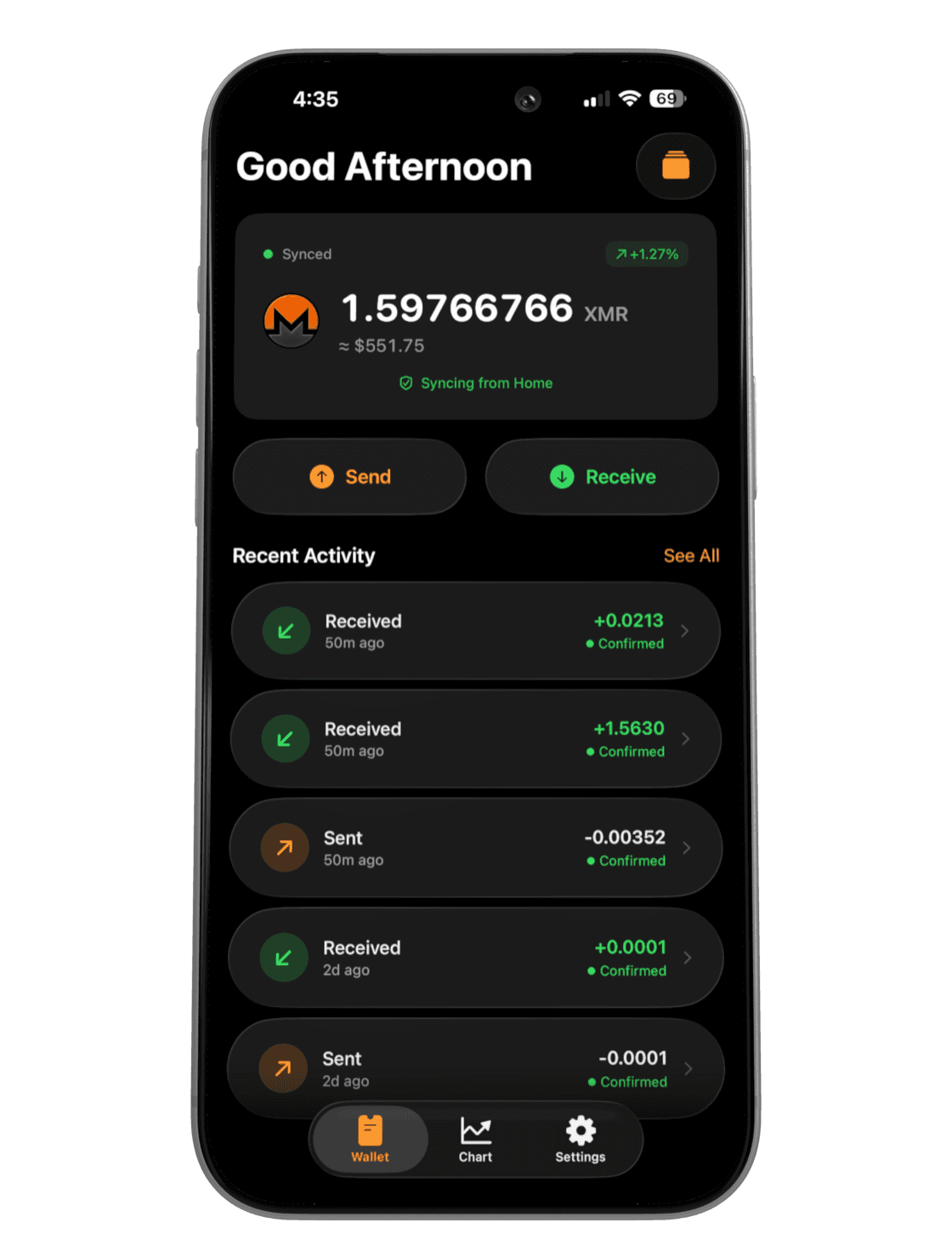 Monero One wallet app showing XMR balance on iPhone