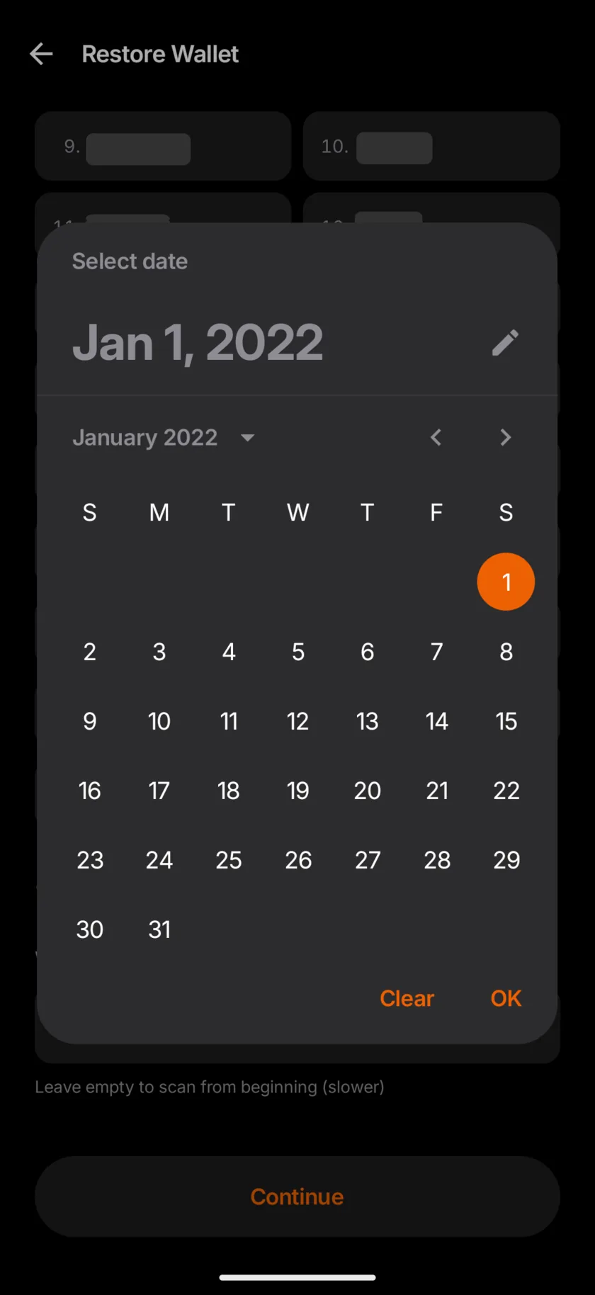 Monero One for Android shows the wallet birthday date picker.