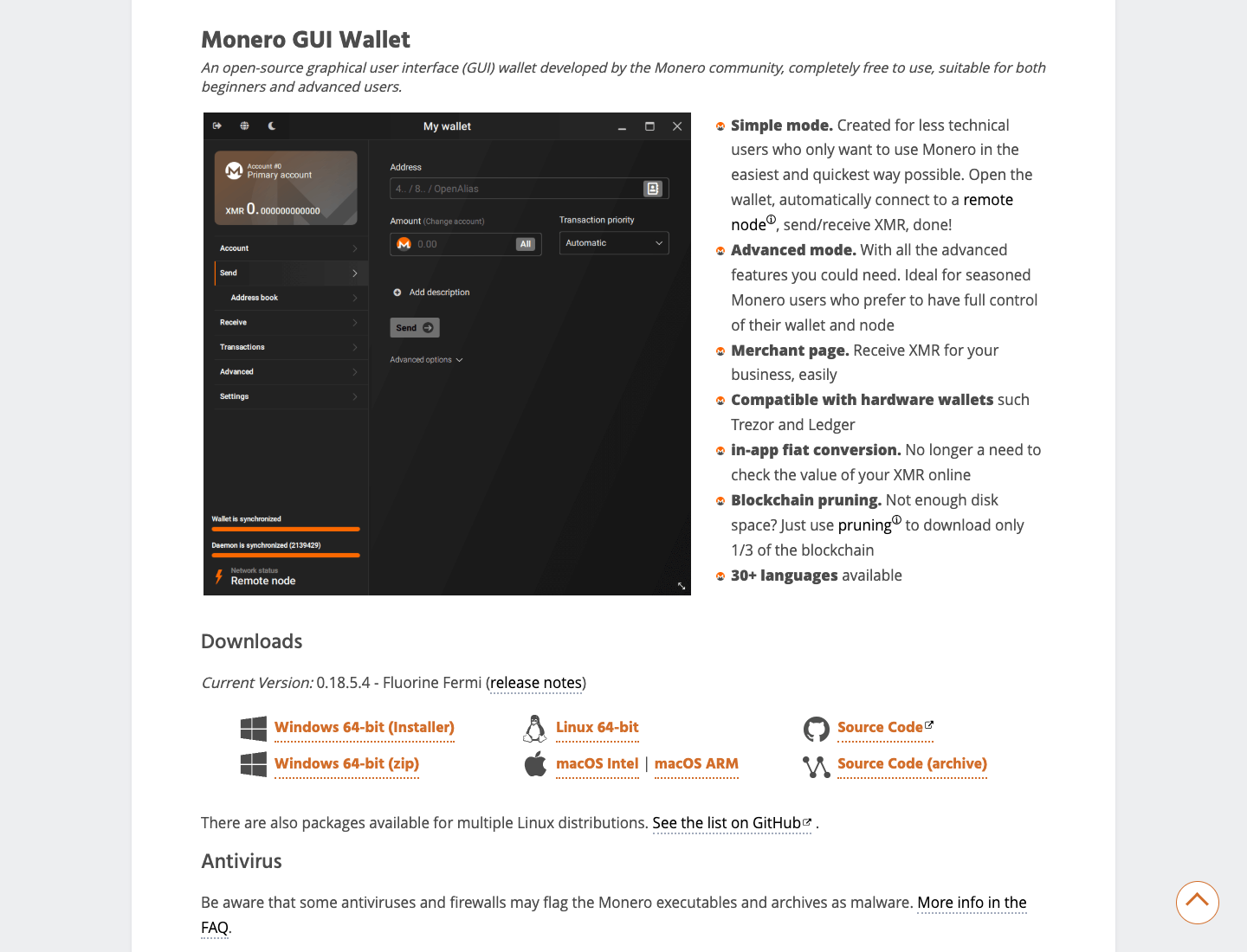 The official Monero GUI downloads page with desktop download options.