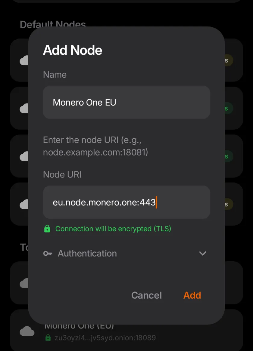 The Add Node dialog in Monero One for Android with the name Monero One EU, the Node URI eu.node.monero.one:443 and the line Connection will be encrypted (TLS).