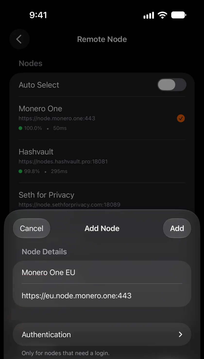 The Add Node sheet in Monero One for iPhone with the name Monero One EU and the address https://eu.node.monero.one:443.