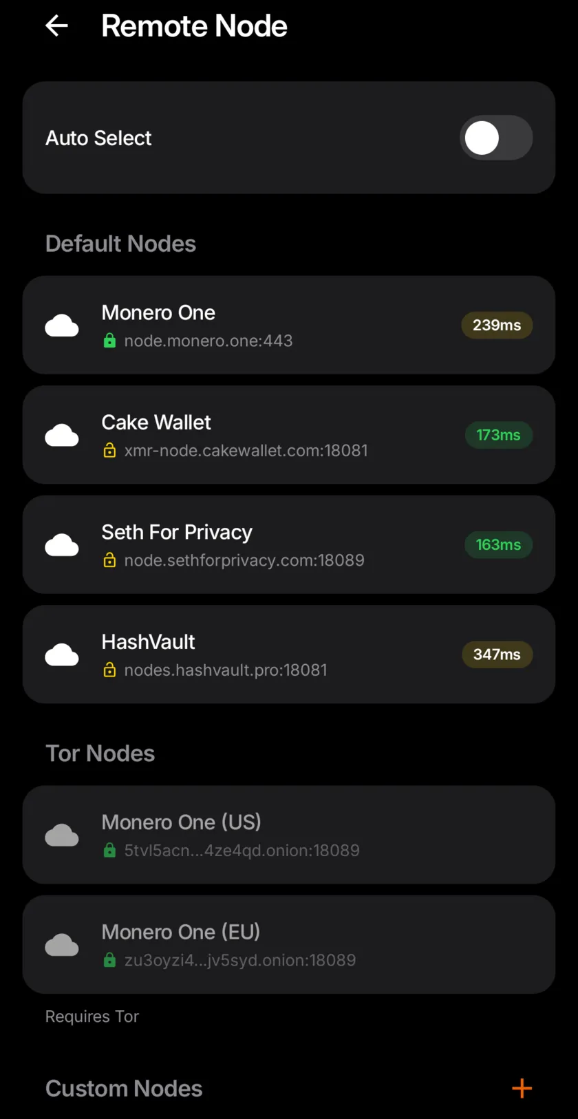 The Remote Node screen in Monero One for Android with Default Nodes, Tor Nodes and Custom Nodes sections.