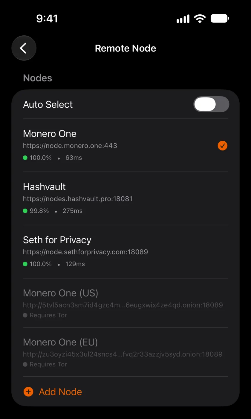 The Remote Node screen in Monero One for iPhone with the node list, two onion nodes that require Tor, and the Add Node button.