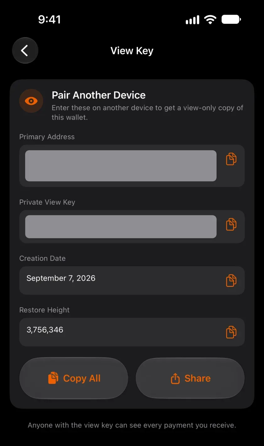 The View Key screen in Monero One for iPhone with the Pair Another Device card, the primary address and the private view key hidden by gray bars, the creation date and the restore height.