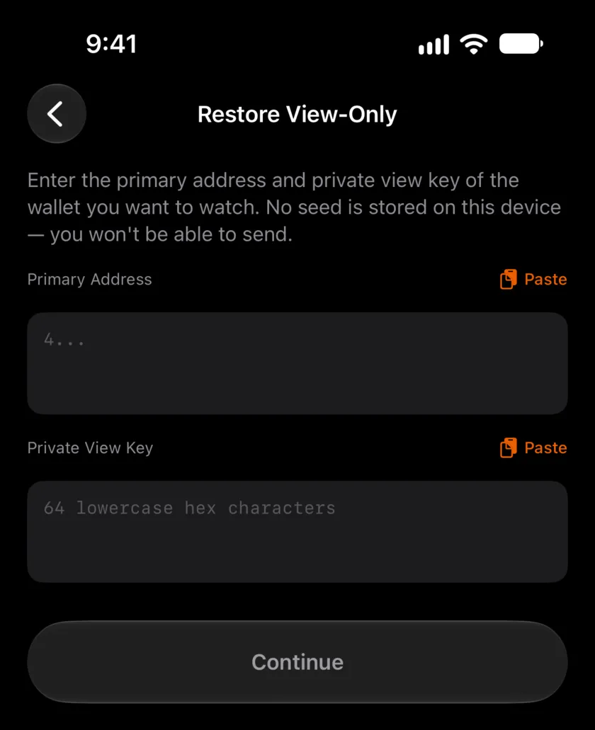 The Restore View-Only screen in Monero One for iPhone with fields for the primary address and the private view key.